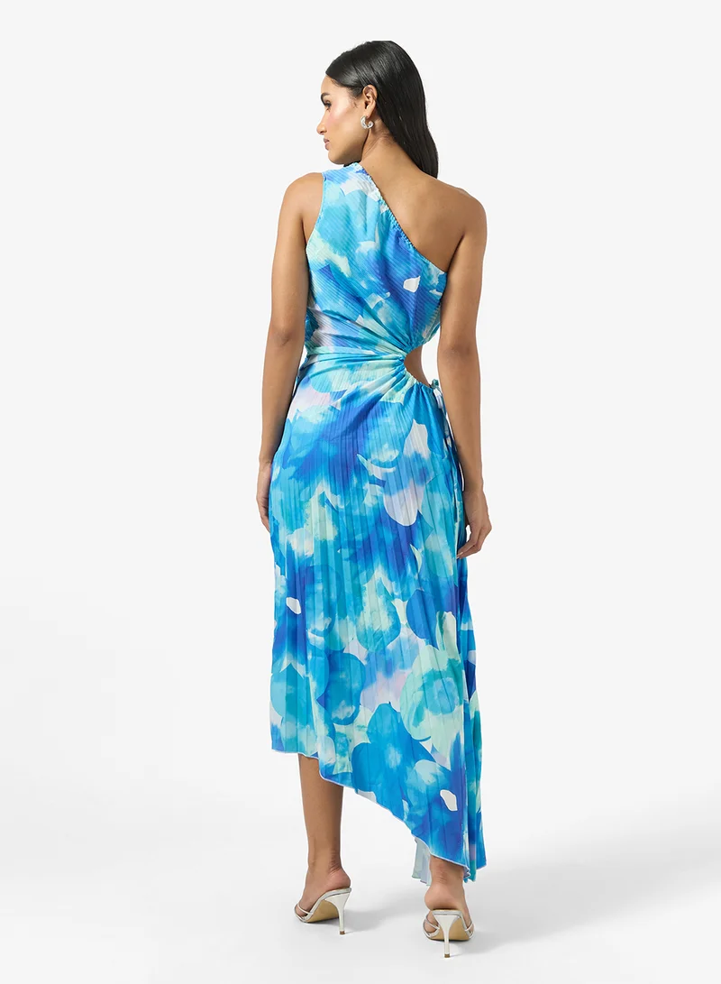Ginger One Shoulder Blurred Floral Pleated Dress