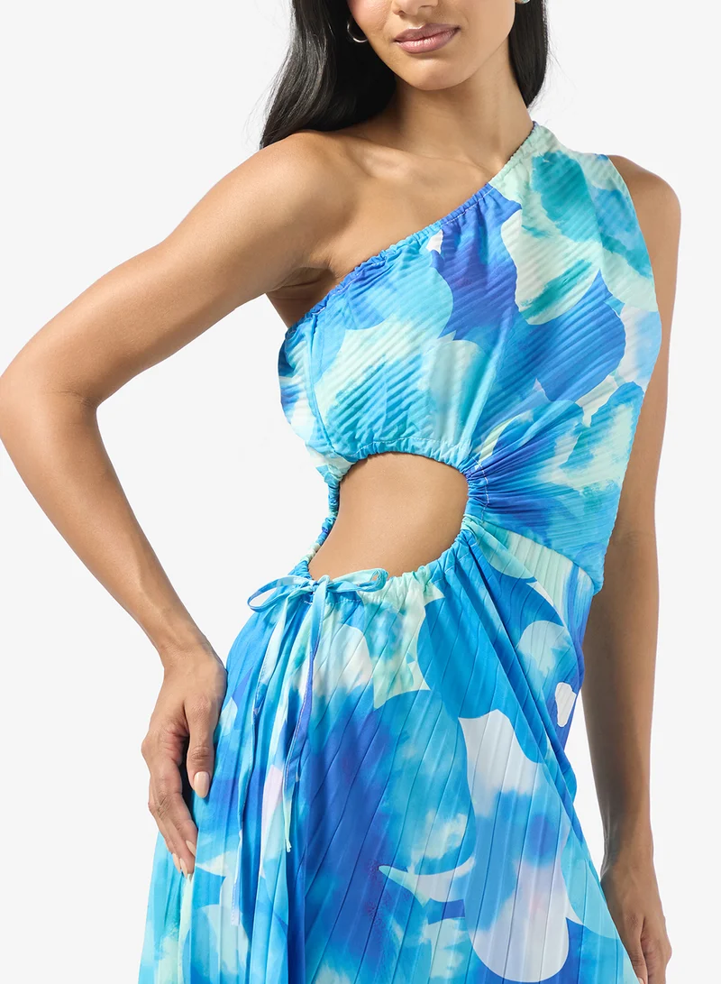 Ginger One Shoulder Blurred Floral Pleated Dress