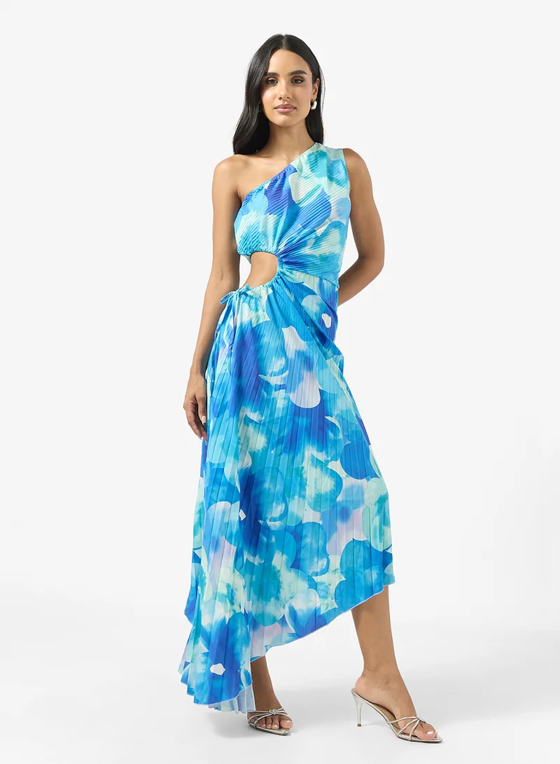 Ginger One Shoulder Blurred Floral Pleated Dress