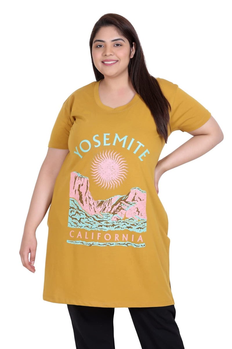 In Love Women Cotton Regular Fit Plus Size Cotton Long-Line Chest Print T-Shirt With Pocket,Gold,2XL - Image 1
