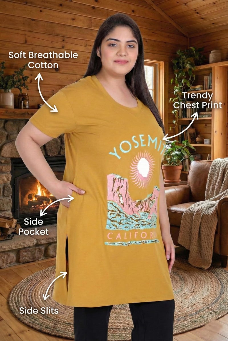 In Love Women Cotton Regular Fit Plus Size Cotton Long-Line Chest Print T-Shirt With Pocket,Gold,2XL - Image 5