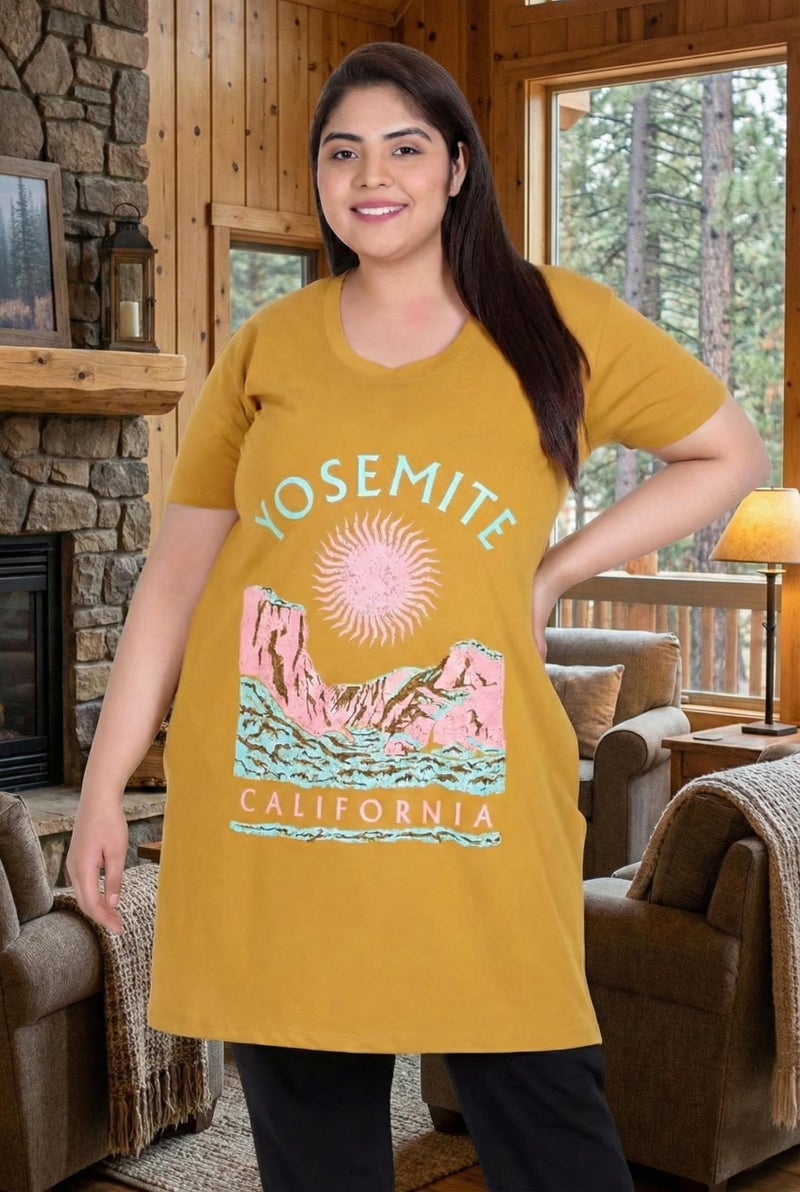 In Love Women Cotton Regular Fit Plus Size Cotton Long-Line Chest Print T-Shirt With Pocket,Gold,2XL - Image 2