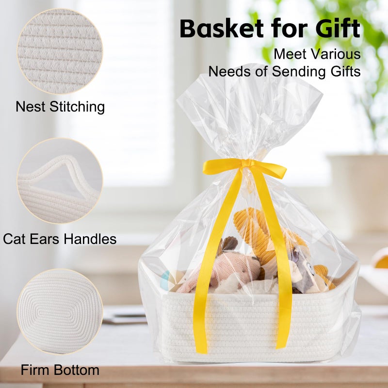 OIAHOMY 7L Woven Basket, Gift Basket Empty with Gift Bags and Ribbons, Rope Baskets for Baby Showers, Storage Baskets with Handles for Nursery, Pet Toy Organizer - White - Image 3