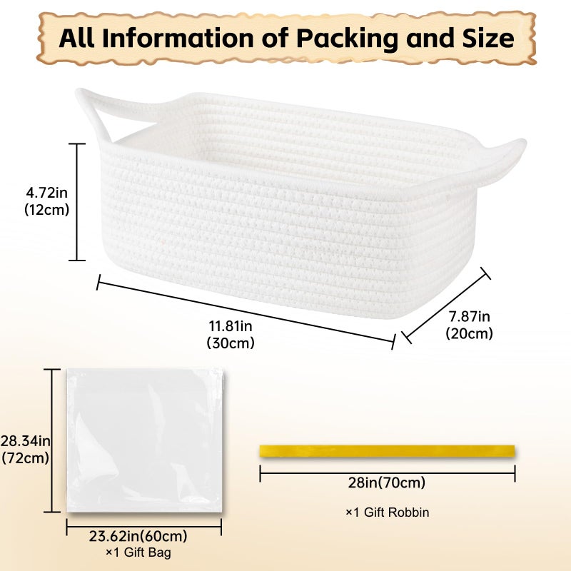 OIAHOMY 7L Woven Basket, Gift Basket Empty with Gift Bags and Ribbons, Rope Baskets for Baby Showers, Storage Baskets with Handles for Nursery, Pet Toy Organizer - White - Image 2