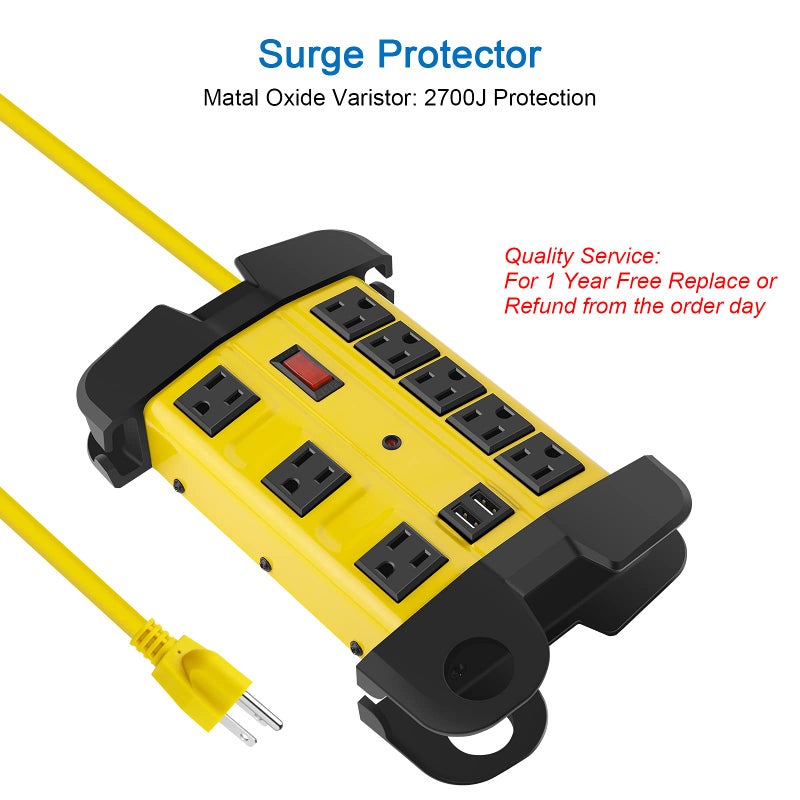 CCCEI Heavy Duty Power Strip with USB, Workshop 8 Outlet Surge Protector 2700 Joules, Industrial Metal 15Amp Power Strip, 6FT Extension Cord and Wide Spaced. Yellow - Image 4