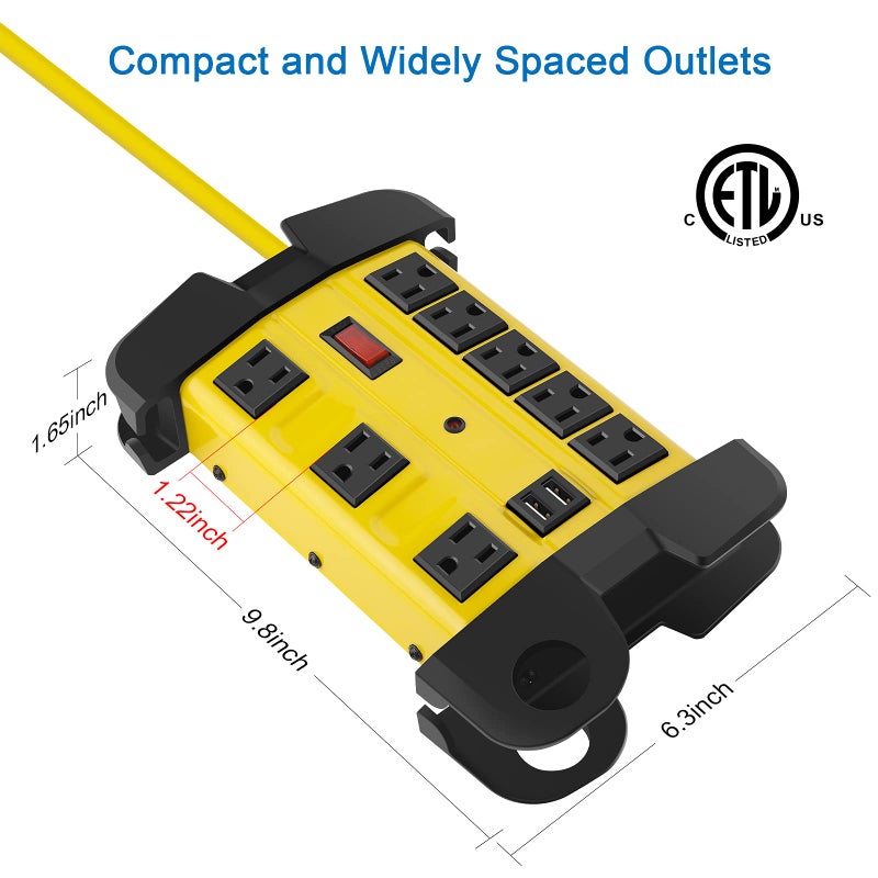 CCCEI Heavy Duty Power Strip with USB, Workshop 8 Outlet Surge Protector 2700 Joules, Industrial Metal 15Amp Power Strip, 6FT Extension Cord and Wide Spaced. Yellow - Image 5