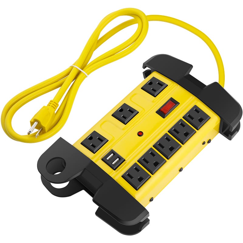 CCCEI Heavy Duty Power Strip with USB, Workshop 8 Outlet Surge Protector 2700 Joules, Industrial Metal 15Amp Power Strip, 6FT Extension Cord and Wide Spaced. Yellow - Image 1