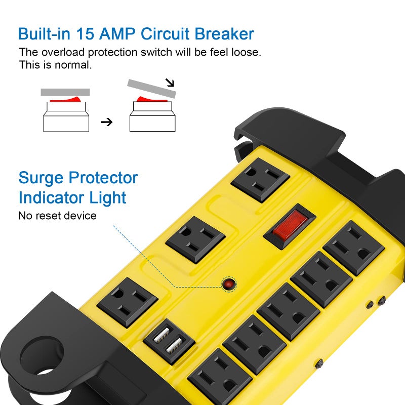 CCCEI Heavy Duty Power Strip with USB, Workshop 8 Outlet Surge Protector 2700 Joules, Industrial Metal 15Amp Power Strip, 6FT Extension Cord and Wide Spaced. Yellow - Image 3