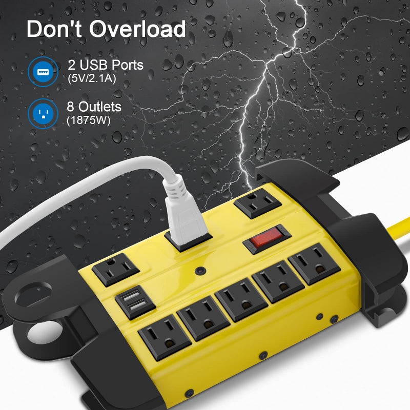 CCCEI Heavy Duty Power Strip with USB, Workshop 8 Outlet Surge Protector 2700 Joules, Industrial Metal 15Amp Power Strip, 6FT Extension Cord and Wide Spaced. Yellow - Image 2