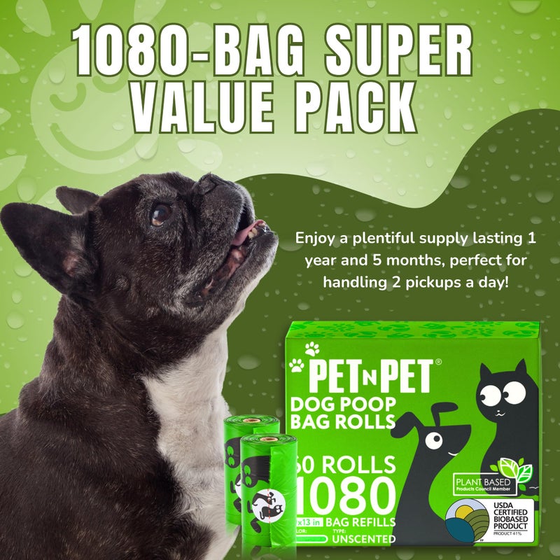 Pet N Pet 1080 Counts Green Poop Bags for Dogs, 41% Plant Based & 59% PE Extra Thick Dog Poop Bags Rolls, 9" x 13", Unscented Pet Waste Bag - Image 4