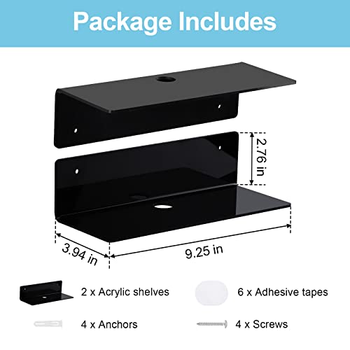 luium 9 Inch Acrylic Floating Shelf No Drill Adhesive Wall Shelf Set of 2 for Funko Pop Storage, Floating Shelves Damage-Free Expand Wall Space for Living Room, Bathroom, Gaming Room, Office - Black - Image 2