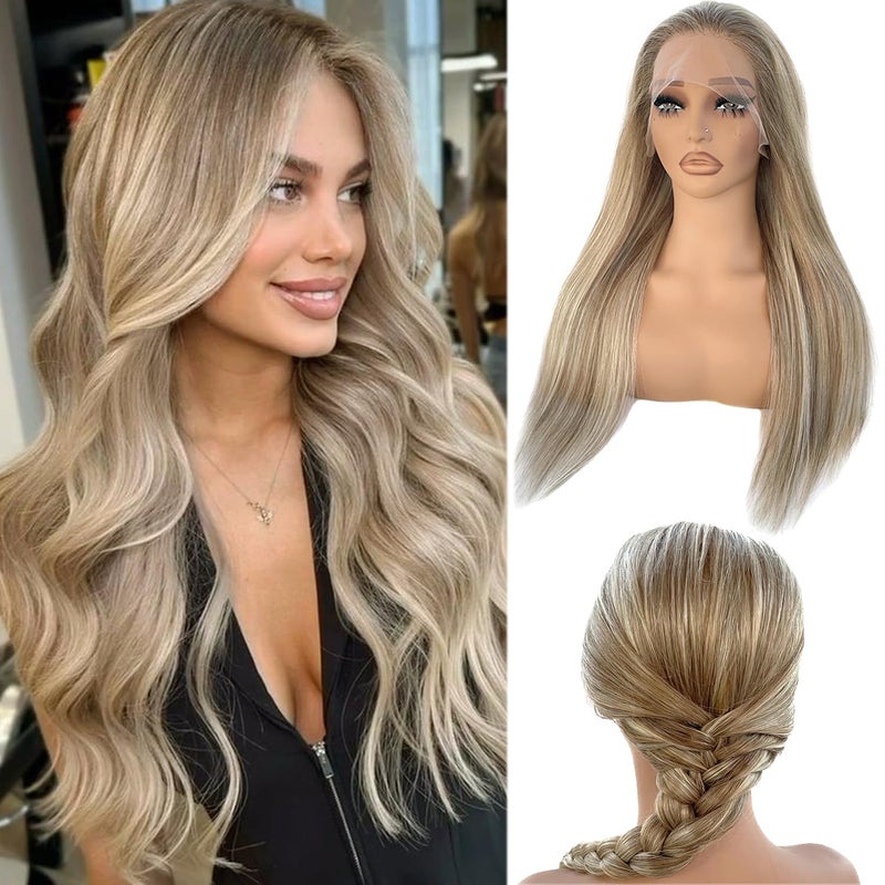 Highlight 13x4 HD Lace Front Wig Human Hair 22 Inch Balayage Ash Brown to Beige Blonde to Platinum Blonde Human Hair Lace Frontal Wig for White Women Glueless Wigs 180 Density Colored Remy Hair Wigs