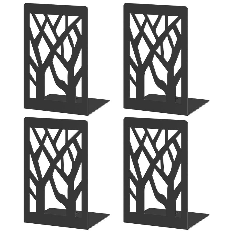 VFINE 4Piece Modern Metal Bookends for Shelves Black Tree Book Ends for Books Decorative Book Organizer for Desk NonSkid Shelve Bookends for Home Office