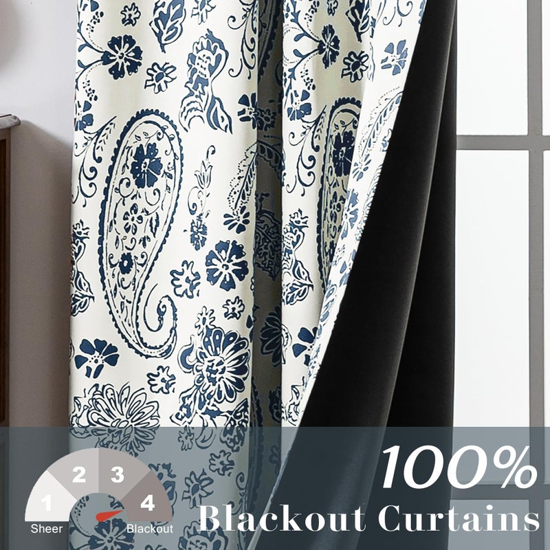 Lino Rosa 102 Inch Pinch Pleated Blackout Drapes for Living Room,Floral Print Pattern Extra Long Custom Curtains for Windows 2 Panels Set Navy Blue - Image 5