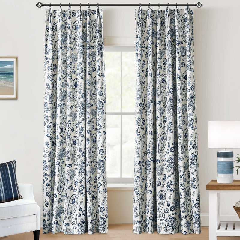 Lino Rosa 102 Inch Pinch Pleated Blackout Drapes for Living Room,Floral Print Pattern Extra Long Custom Curtains for Windows 2 Panels Set Navy Blue - Image 1