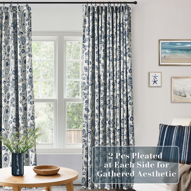 Lino Rosa 102 Inch Pinch Pleated Blackout Drapes for Living Room,Floral Print Pattern Extra Long Custom Curtains for Windows 2 Panels Set Navy Blue - Image 2
