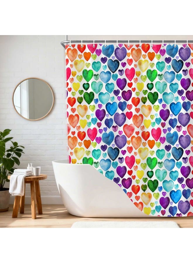 Wathon Colorful Heart Shower Curtain, Rainbow Valentine Romantic Heart Cute Bathroom Decor, Geometric Rainbow Design Cloth Fabric Bathroom Decor Set with Hooks 72 x 72 Inch - Image 2