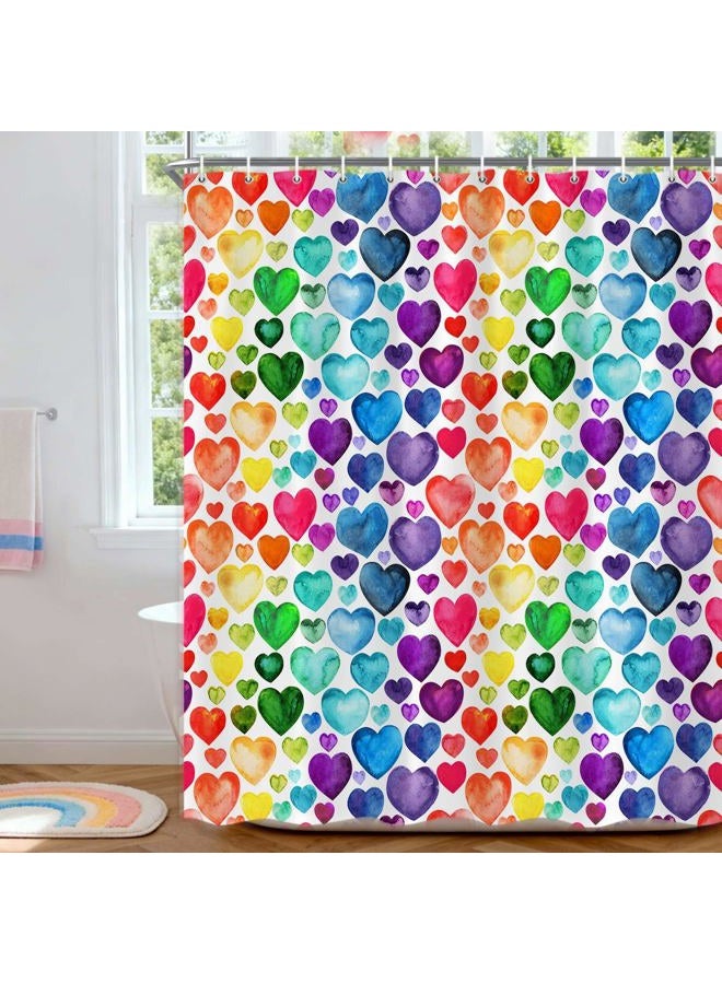 Wathon Colorful Heart Shower Curtain, Rainbow Valentine Romantic Heart Cute Bathroom Decor, Geometric Rainbow Design Cloth Fabric Bathroom Decor Set with Hooks 72 x 72 Inch - Image 1