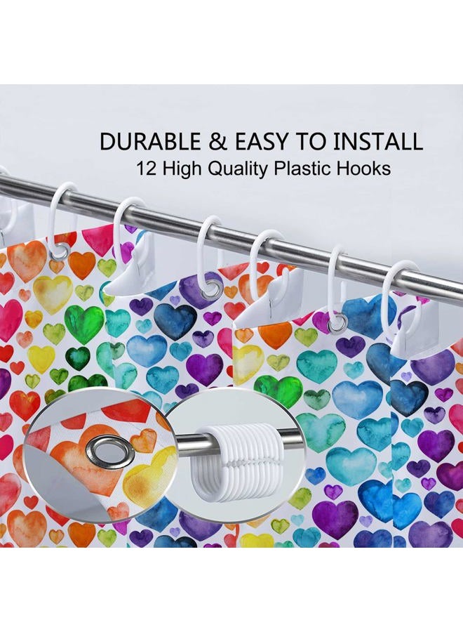 Wathon Colorful Heart Shower Curtain, Rainbow Valentine Romantic Heart Cute Bathroom Decor, Geometric Rainbow Design Cloth Fabric Bathroom Decor Set with Hooks 72 x 72 Inch - Image 3