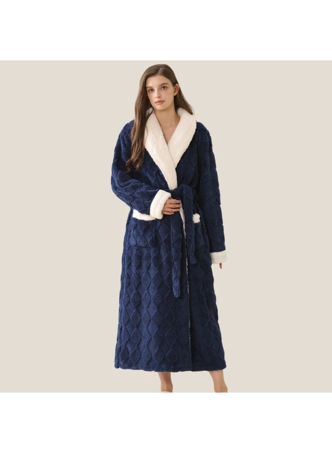 Unisex Winter Long Thick Lapel Nightgown Jacquard Velveteen Bathrobe Pajamas With Belt Navy Blue - Image 1