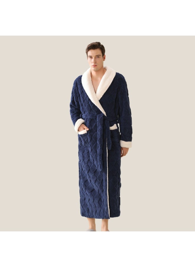 Unisex Winter Long Thick Lapel Nightgown Jacquard Velveteen Bathrobe Pajamas With Belt Navy Blue - Image 2
