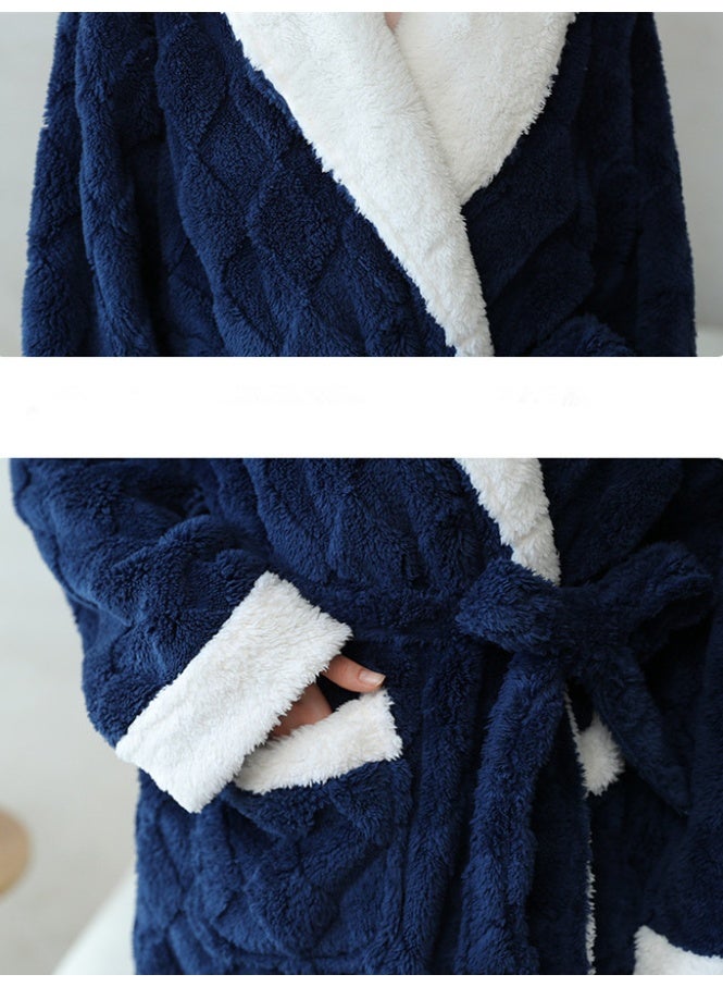 Unisex Winter Long Thick Lapel Nightgown Jacquard Velveteen Bathrobe Pajamas With Belt Navy Blue - Image 3