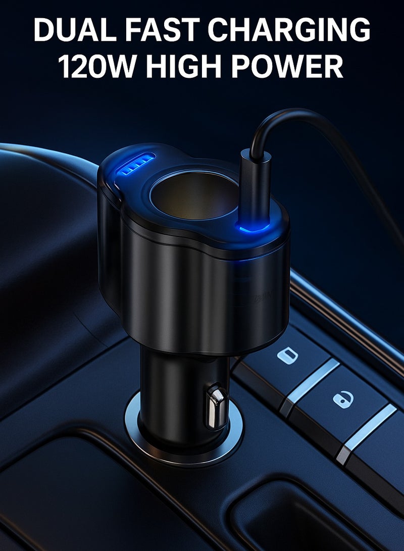 130W Multi-Port Fast Car Charger - 2 USB Ports and Cigarette Lighter Port, Supports Fast Charging for Phones and Connecting a Driving Recorder - 6893 - Image 2