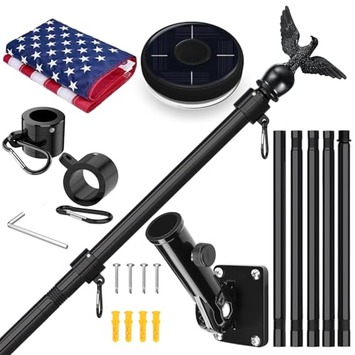 LETSTRY 6FT Black Flag Pole Kit for Outside House with American Flag Solar Light1 Thickened Stainless Steel Wall Mount Flagpole with 180Adjustable Bracket for Residential Outdoor PorchPorch - Image 1