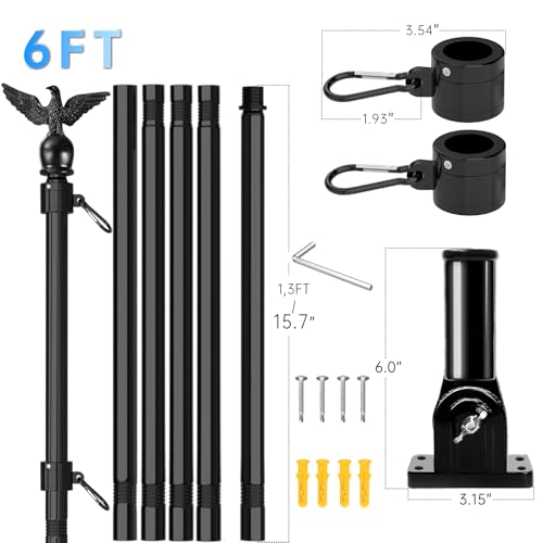 LETSTRY 6FT Black Flag Pole Kit for Outside House with American Flag Solar Light1 Thickened Stainless Steel Wall Mount Flagpole with 180Adjustable Bracket for Residential Outdoor PorchPorch - Image 3