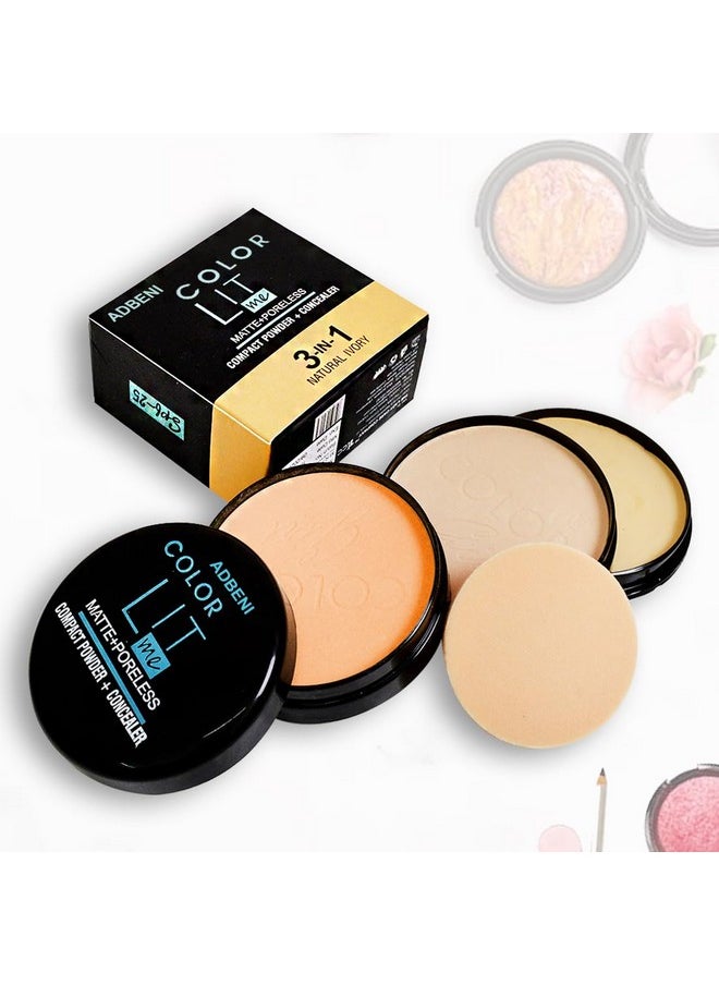 adbeni - 3 In 1 Compact Powder With Concealer 24Gm | Matte & Poreless | Lit Me & Flawless Coverage | Triple-Action Complexion Enhancement | 100% Vegan & Long Lasting | Natural Ivory Spf 25 - Image 1