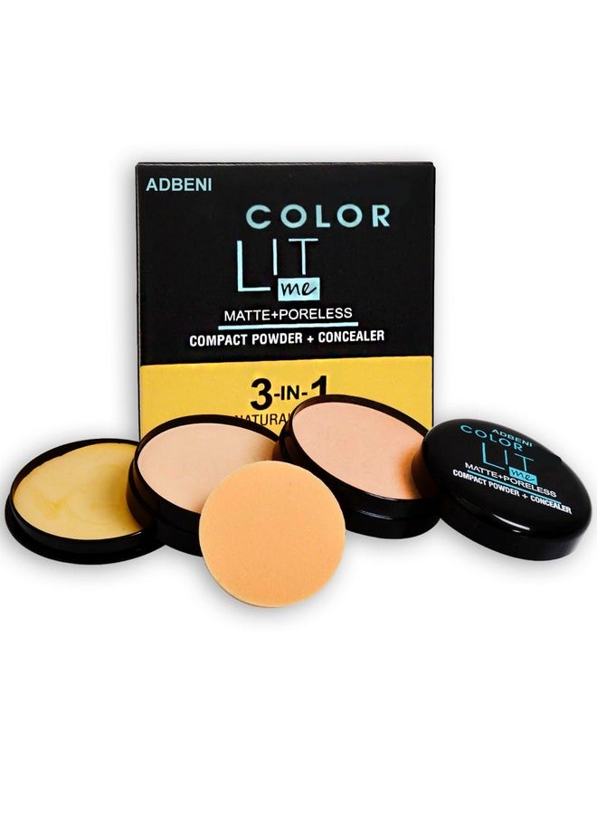 adbeni - 3 In 1 Compact Powder With Concealer 24Gm | Matte & Poreless | Lit Me & Flawless Coverage | Triple-Action Complexion Enhancement | 100% Vegan & Long Lasting | Natural Ivory Spf 25 - Image 1