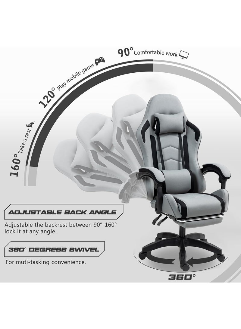 OHAHO Gaming Chair Computer Chair - High Back Fabric ComputerChair With Tilt, Height Adjustment, Neck and Massaging Lumbar Support for Office or Gaming (Grey) - Image 5