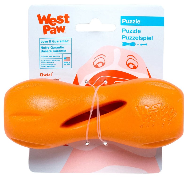 WEST PAW Zogoflex Qwizl Dog Puzzle Treat Toy â€“ Interactive Chew Toy for Dogs â€“ Dispenses Pet Treats â€“ Brightly-Colored Dog Enrichment Toy for Aggressive Chewers, Fetch, Catch, Small 5.5", Tangerine - Image 1