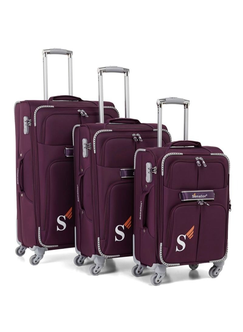 SENATOR Soft Shell Trolley Luggage Set of 3 Pcs For Unisex Ultra Lightweight Expandable Suitcase With 4 Wheels LL003 Purple - Image 1