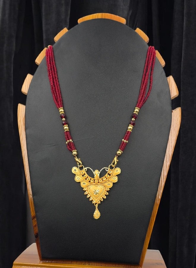 MSN Traditional Gold Tone Heart Pendant Necklace Maroon Beaded Chain Ethnic Jewelry - Image 5
