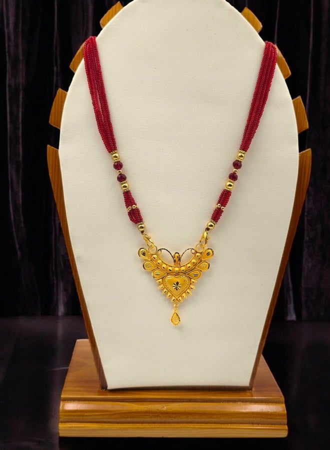MSN Traditional Gold Tone Heart Pendant Necklace Maroon Beaded Chain Ethnic Jewelry - Image 3