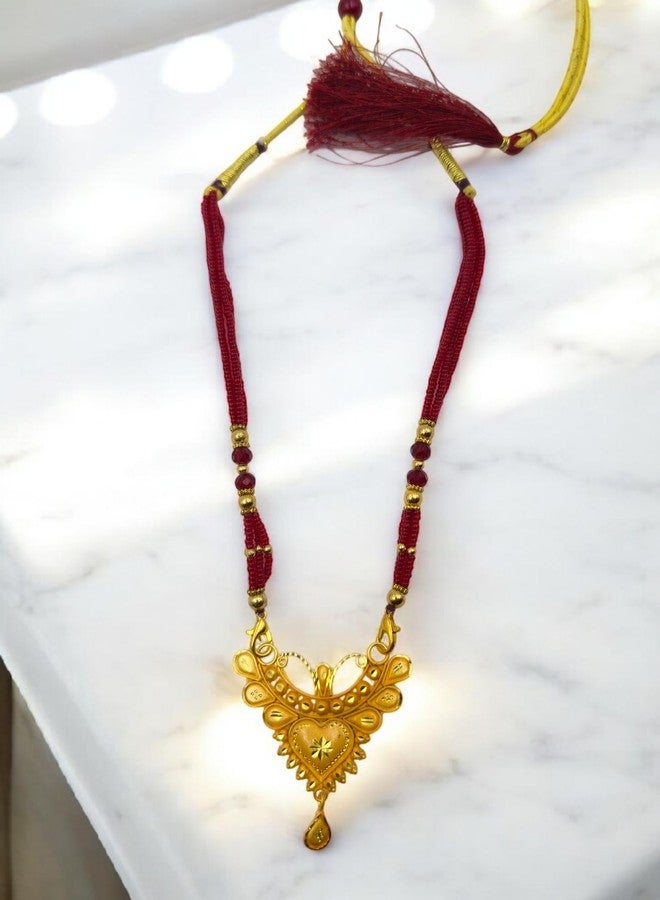 MSN Traditional Gold Tone Heart Pendant Necklace Maroon Beaded Chain Ethnic Jewelry - Image 4