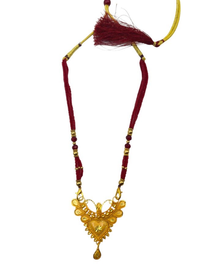 MSN Traditional Gold Tone Heart Pendant Necklace Maroon Beaded Chain Ethnic Jewelry - Image 1