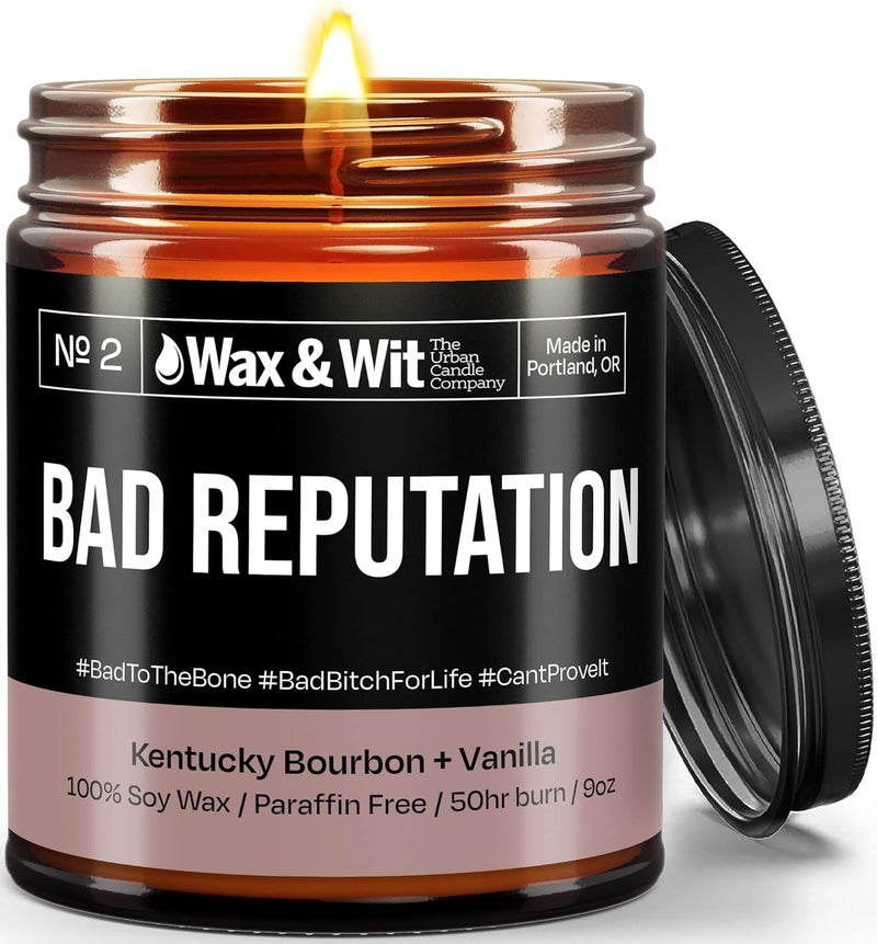 WAX & WIT Funny Candles, Scented Candle Infused with Kentucky Bourbon & Vanilla - Gifts for Boss, Housewarming Gifts, Funny Gifts for Women - (1) 9oz Candle (Bad Reputation) - Image 1
