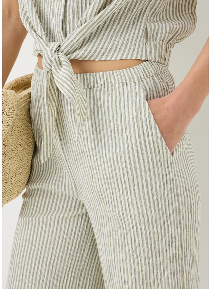 Matalan Sage Green Seersucker Stripe Wide Leg Trousers