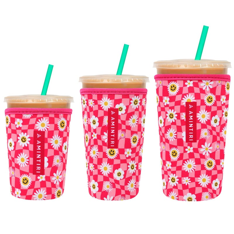 Amintiri 3 Pack Reusable Sleeve for Iced Coffee Cup  Coffee Neoprene Sleeve for Iced&Hot Drinks  Coffee Sleeve Compatible with Starbucks  Dunkin Coffee Cup. (Daisy&Pink Checkerboard) - Image 1