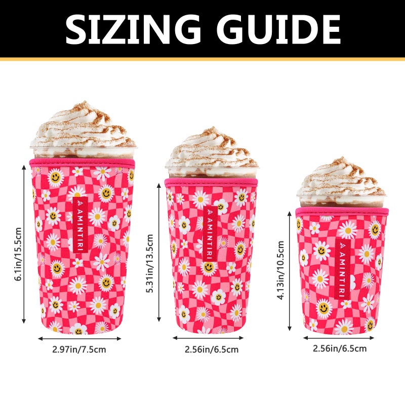 Amintiri 3 Pack Reusable Sleeve for Iced Coffee Cup  Coffee Neoprene Sleeve for Iced&Hot Drinks  Coffee Sleeve Compatible with Starbucks  Dunkin Coffee Cup. (Daisy&Pink Checkerboard) - Image 2