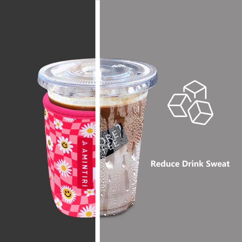 Amintiri 3 Pack Reusable Sleeve for Iced Coffee Cup  Coffee Neoprene Sleeve for Iced&Hot Drinks  Coffee Sleeve Compatible with Starbucks  Dunkin Coffee Cup. (Daisy&Pink Checkerboard) - Image 3