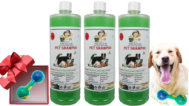 swacch Pet Shampoo + Dumbbell Toy I Durable Rubber Dog Toy for Chewing I Playing,Teeth Cleaning & Training Toy I Combo Pack I 1 Litre Pack of 3 Neem Alovera - Image 1