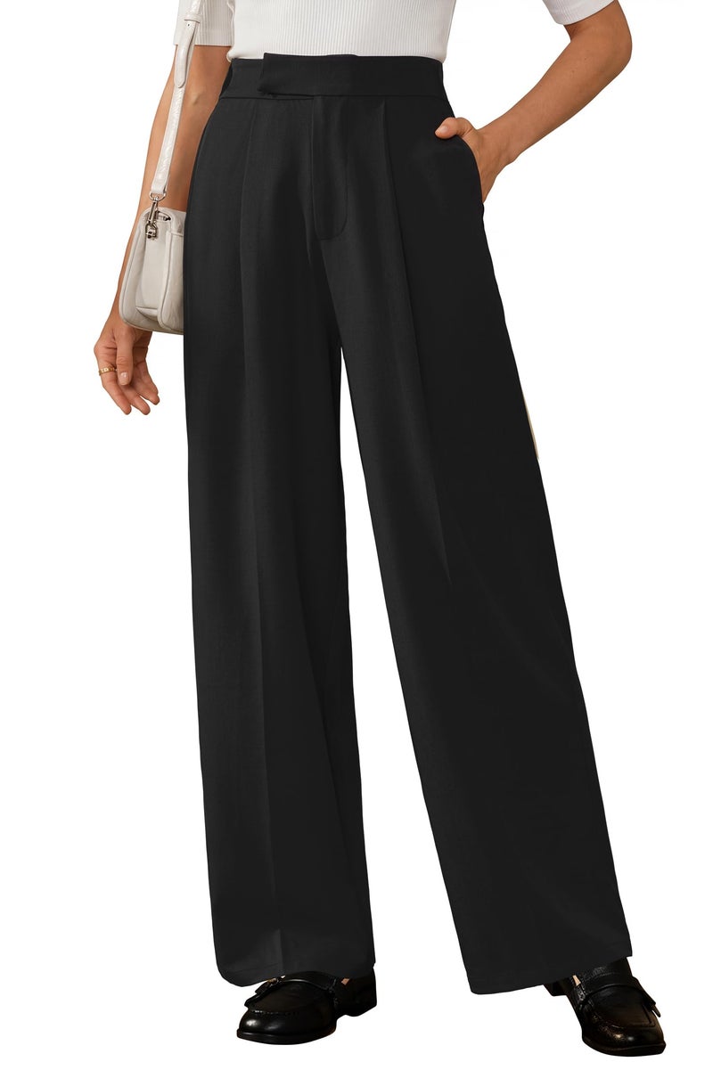Arach&Cloz 2026 Petite Pants for Women Wrinkle Free Wide Leg Spring High Elastic Waisted Pleated Loose Palazzo Pants Pocket Dressy Work Trousers Business Casual Teacher Outfits Ankle Regular Black M - Image 1