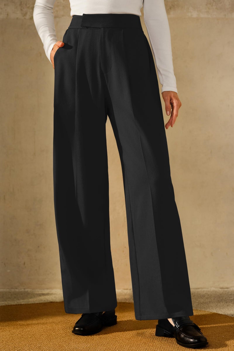 Arach&Cloz 2026 Petite Pants for Women Wrinkle Free Wide Leg Spring High Elastic Waisted Pleated Loose Palazzo Pants Pocket Dressy Work Trousers Business Casual Teacher Outfits Ankle Regular Black M - Image 3