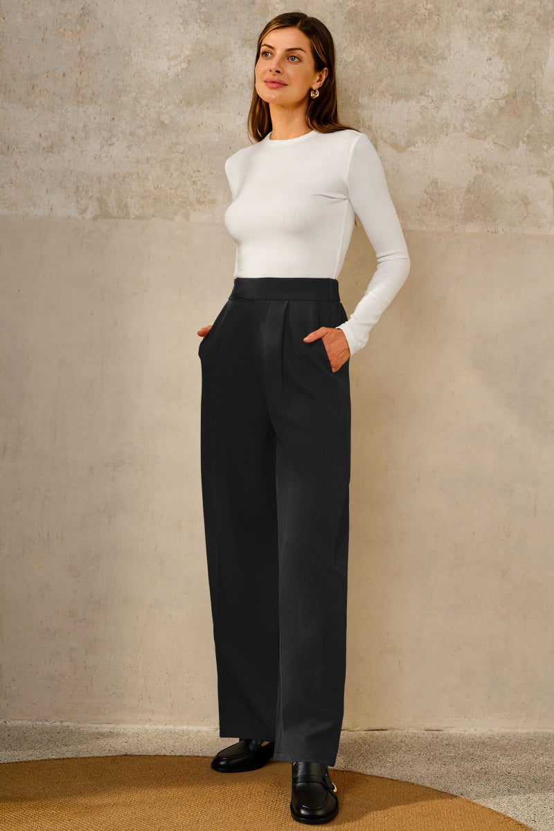 Arach&Cloz 2026 Petite Pants for Women Wrinkle Free Wide Leg Spring High Elastic Waisted Pleated Loose Palazzo Pants Pocket Dressy Work Trousers Business Casual Teacher Outfits Ankle Regular Black M - Image 4