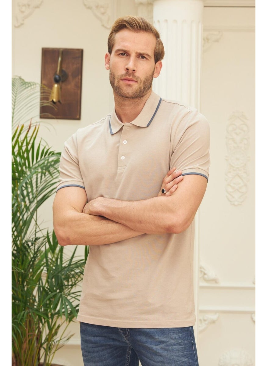 Odelon - Men's Slim Fit Plain Polo Collar T-Shirt Beige - Image 1