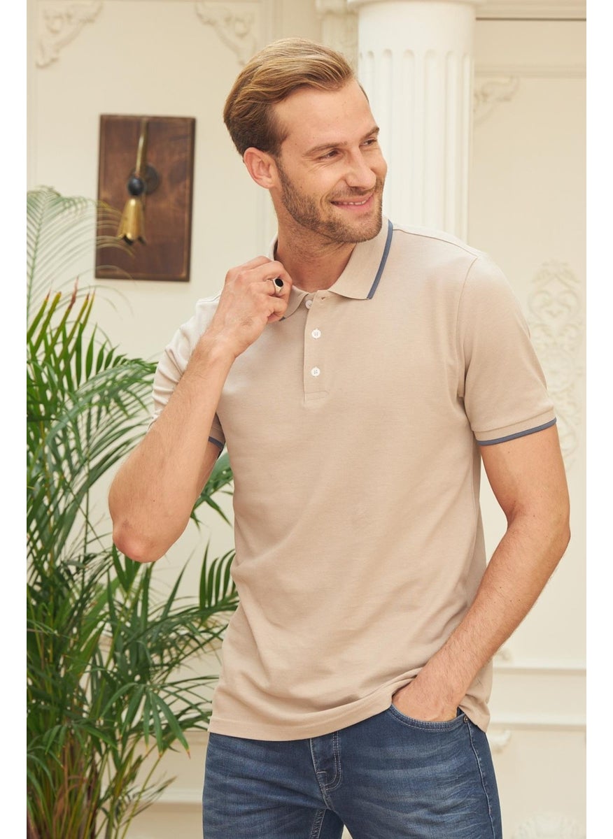 Odelon - Men's Slim Fit Plain Polo Collar T-Shirt Beige - Image 1