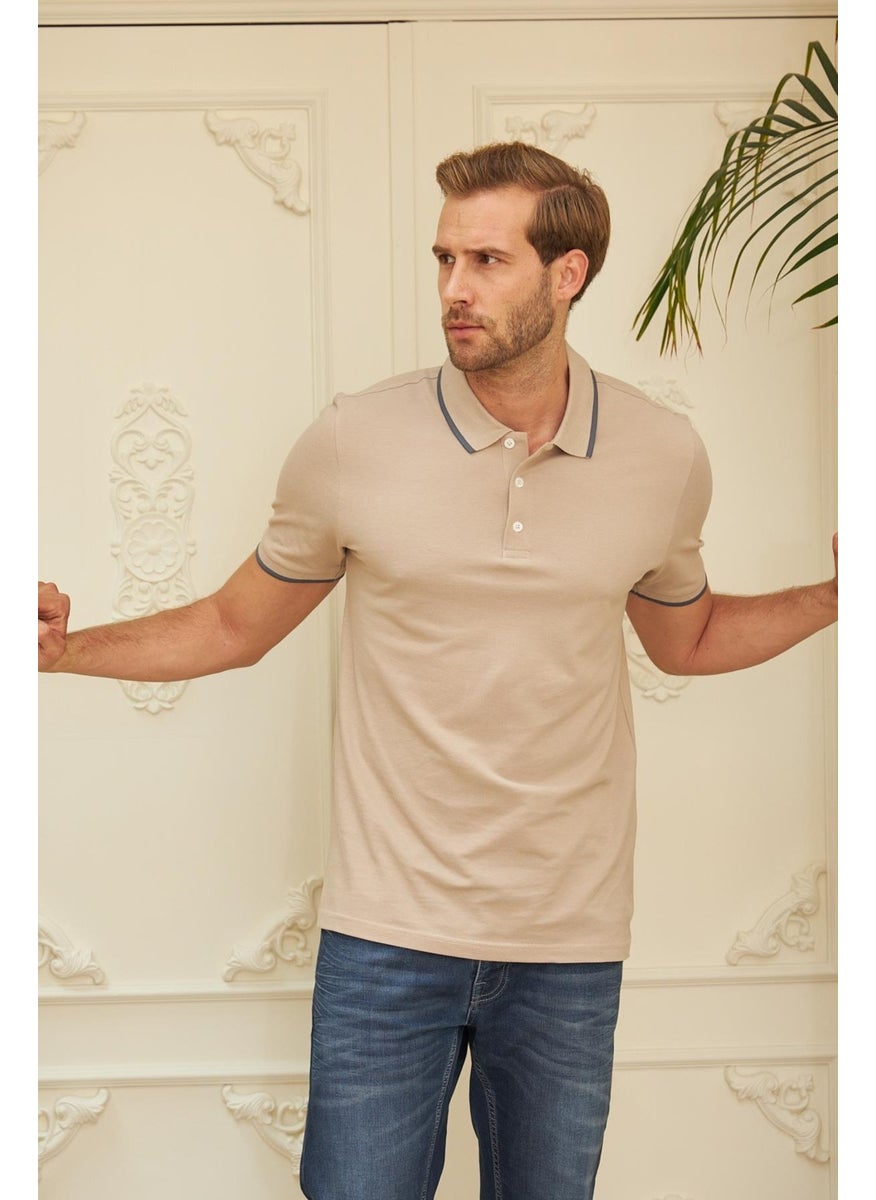 Odelon - Men's Slim Fit Plain Polo Collar T-Shirt Beige - Image 1